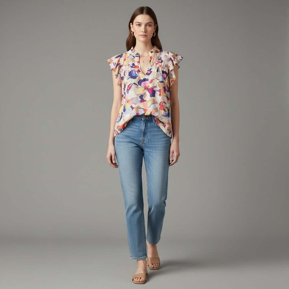 Caballero Watercolor Floral Ruffle Blouse Womens Small Flutter Sleeve Lace Trim